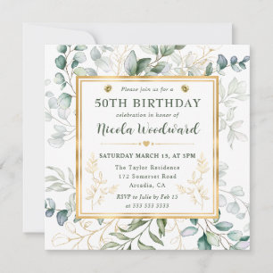 Convites Aquarela Eucalipto e moldura dourada Aniversário d