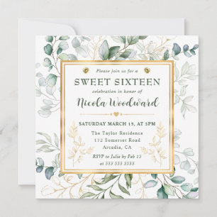 Convites Aquarela Eucalipto e moldura dourada Sweet 16