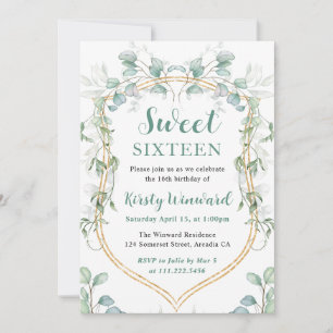 Convites Aquarela Eucalipto e Moldura Dourada Sweet 16