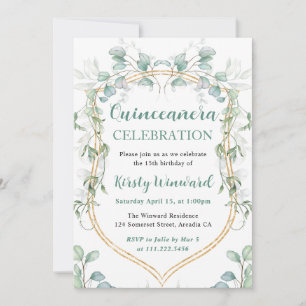 Convites Aquarela Eucalipto e Quadro Dourado Quinceanera