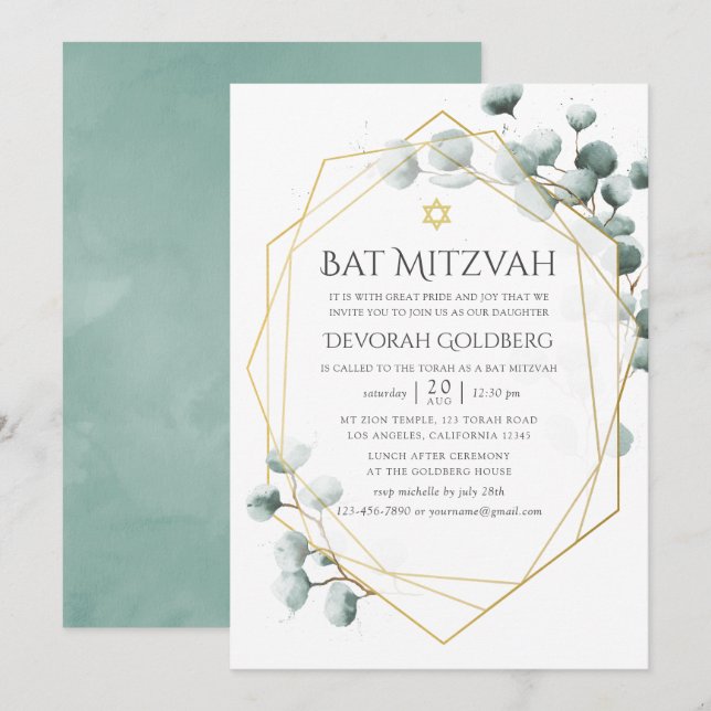 Convites Aquarela Eucalipto Geométrico Bat Mitzvah (Frente/Verso)