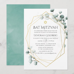 Convites Aquarela Eucalipto Geométrico Bat Mitzvah