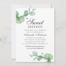 Convites Aquarela eucalipto Sweet 16. Folhagem verde