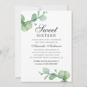 Convites Aquarela eucalipto Sweet 16. Folhagem verde