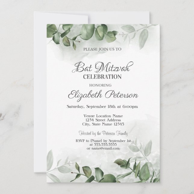 Convites Aquarela Eucalipto Verde Bar Mitzvah (Frente)