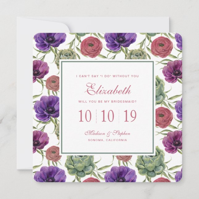 Convites Aquarela | Eucalyptus & Anemone - Bridesmaid (Frente)