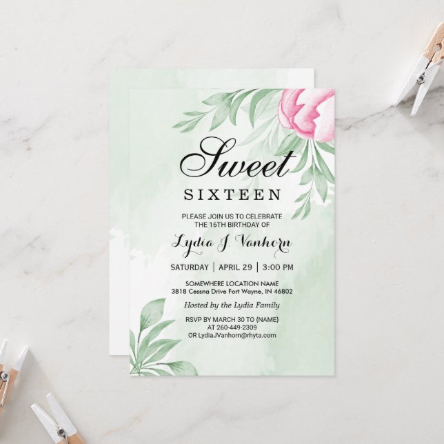 Convites Aquarela Eucalyptus Deixa Doce 16 Aniversário (Frente/Verso In Situ)