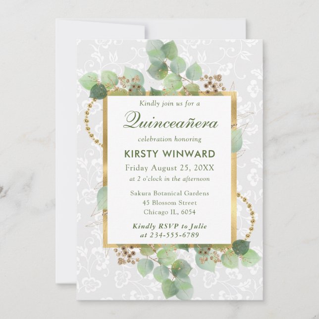 Convites Aquarela Eucalyptus e Greenery Quinceanera (Frente)