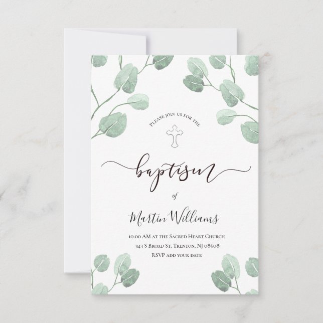 Convites aquarela eucalyptus greenery baptism (Frente)