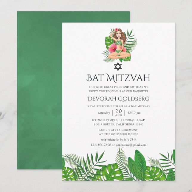 Convites Aquarela Exótico Luau Bat Mitzvah Aloha (Frente/Verso)