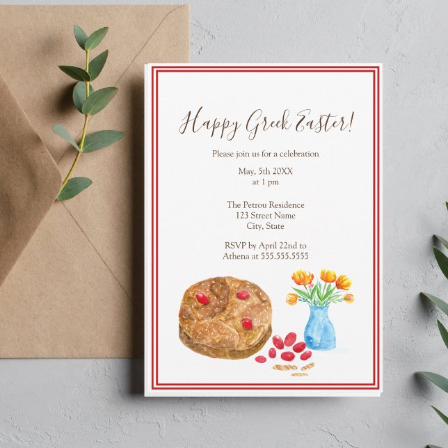 Convites Aquarela Feliz Páscoa Grega (Watercolor of traditional greek bread with red eggs as an elegant invitation.)
