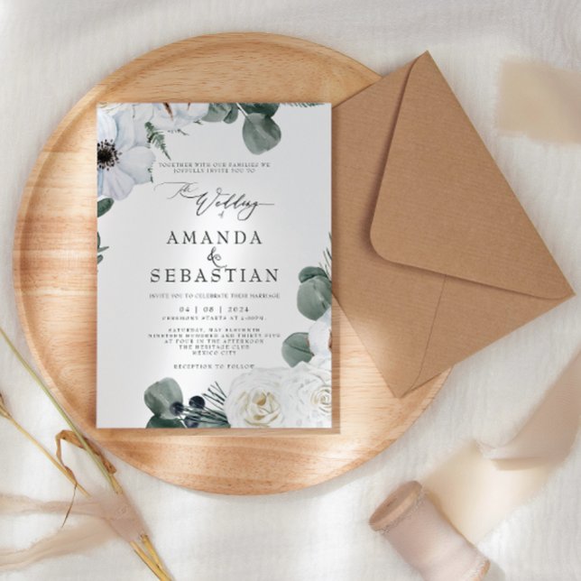 Convites Aquarela Festa de casamento de inverno Floral Verd (Criador carregado)