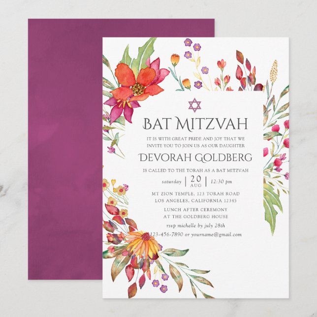 Convites Aquarela Flor Selvagem Bat Mitzvah (Frente/Verso)