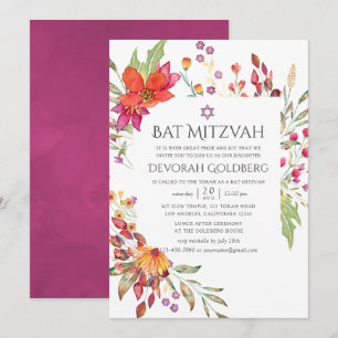 Convites Aquarela Flor Selvagem Bat Mitzvah