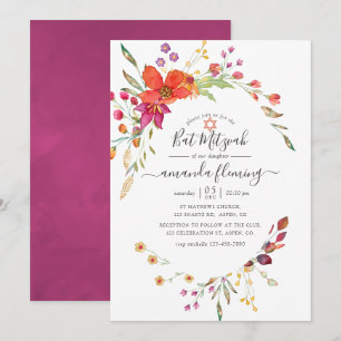 Convites Aquarela Flor Selvagem Bat Mitzvah