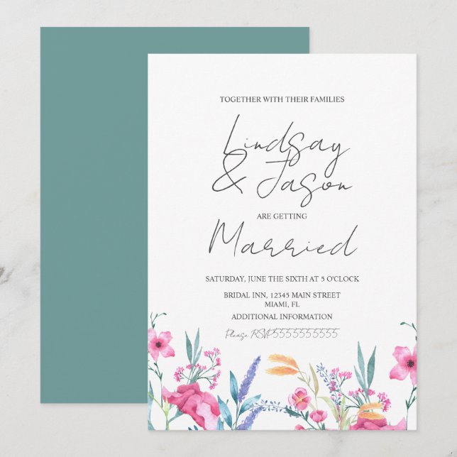 Convites Aquarela Flor Selvagem Verde Casamento Script (Frente/Verso)
