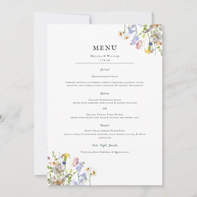 Convites Aquarela Flor Silvestre | Menu Floral de Casamento (Frente)