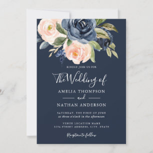 Convites Aquarela Florais Casamento Bege Azul-Marinho