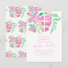 Convites Aquarela Florais Rosa Batismo Pintado à Mão  