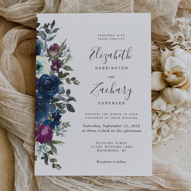 Convites Aquarela Floral Ameixa Azul Marinho Casamento (Criador carregado)