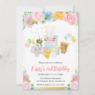Convites Aquarela Floral Amigos Animais Fofos Aniversário