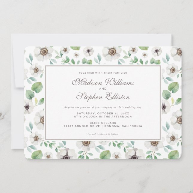 Convites Aquarela Floral | Anêmona Branca - Casamento (Frente)