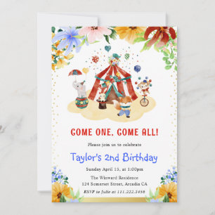 Convites Aquarela Floral Animais de Circo Fofos Aniversário