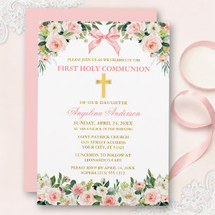 Convites Aquarela Floral Arco Rosa Dourado Primeira Comunhã