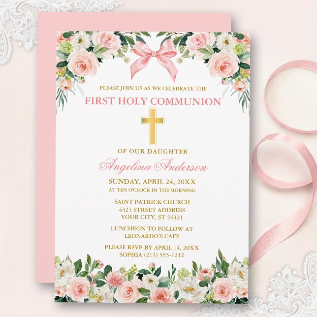 Convites Aquarela Floral Arco Rosa Dourado Primeira Comunhã (Customize to change text color, size, style or to change color of back of card.)