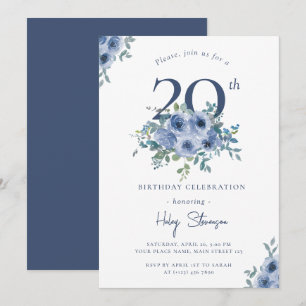 Convites Aquarela Floral Azul Empoeirado 20º Aniversário Ch