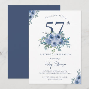 Convites Aquarela Floral Azul Empoeirado Aniversário de 57