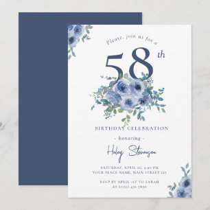 Convites Aquarela Floral Azul Empoeirado Aniversário de 58 