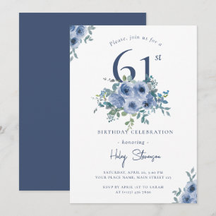 Convites Aquarela Floral Azul Empoeirado Aniversário de 61 