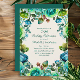 Convites Aquarela Floral Azul Verde Aniversário de 75 anos
