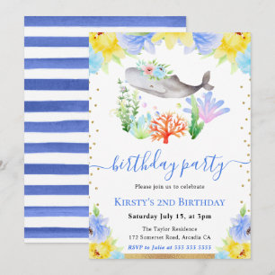 Convites Aquarela Floral Baleia Subaquática Aniversário