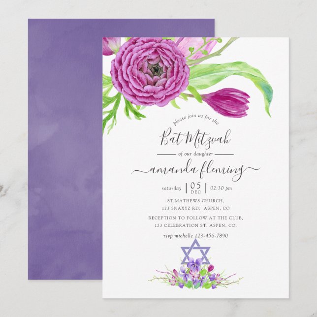 Convites Aquarela Floral Bat Mitzvah de Primavera (Frente/Verso)