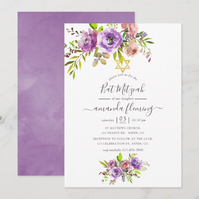 Convites Aquarela Floral Bat Mitzvah de Primavera (Frente/Verso)