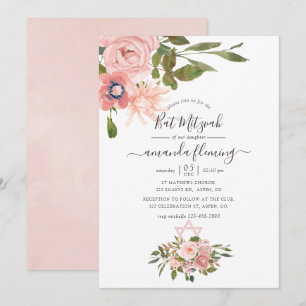 Convites Aquarela floral Bat Mitzvah Rosa e Dourado Rosa