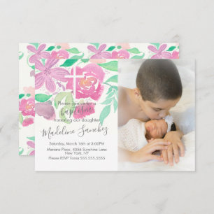 Convites Aquarela Floral Batismo Rosa