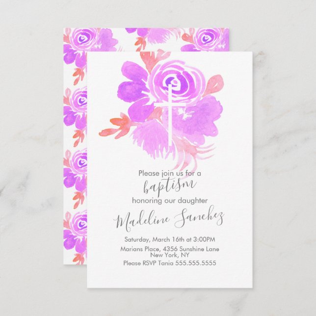 Convites Aquarela Floral Batismo Roxo Dedicação de Bebê (Frente/Verso)