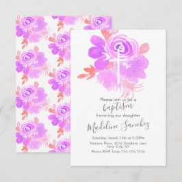 Convites Aquarela Floral Batismo Roxo Dedicação de Bebê