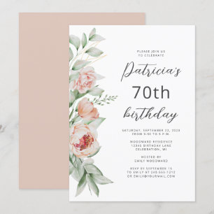 Convites Aquarela Floral Bege Rosa Aniversário de 70 anos