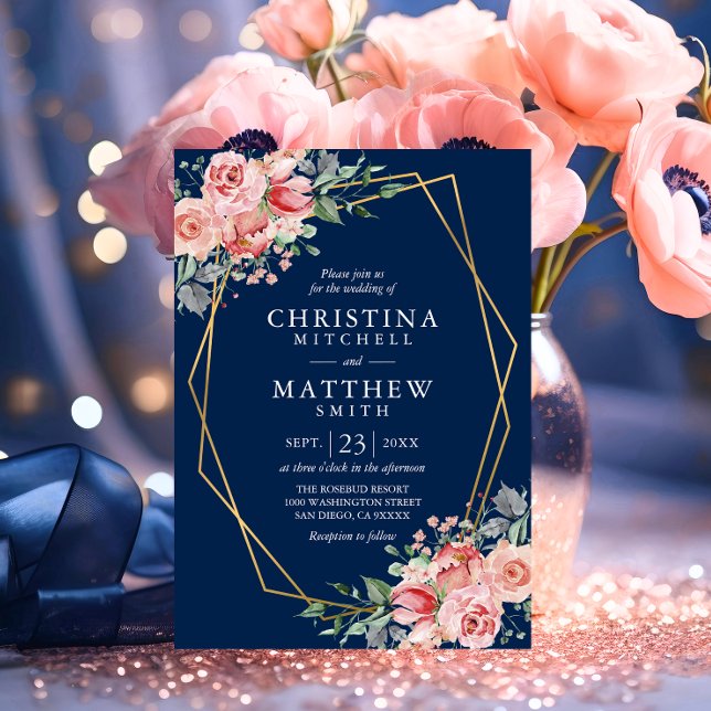Convites Aquarela Floral Bege Rosa Azul Marinho Casamento (Watercolor Floral Blush Pink Navy Blue Wedding Invitation)