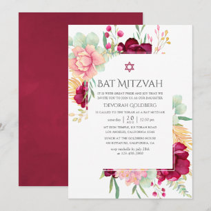 Convites Aquarela Floral Burgundy e Blush Bat Mitzvah