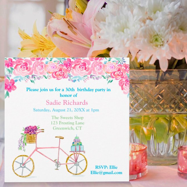 Convites Aquarela Floral Com Aniversário De Bicicleta (Criador carregado)