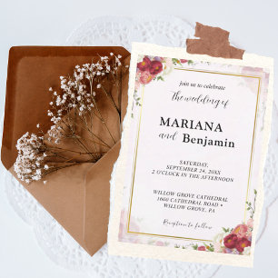 Convites Aquarela Floral com Design Rosa Pastel e Dourado