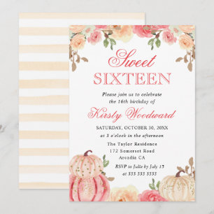 Convites Aquarela Floral de Outono Abóboras Sweet Sixteen