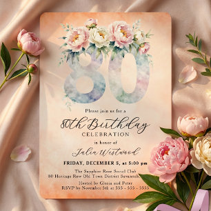 Convites Aquarela Floral de Pêssego Aniversário de 80 Anos