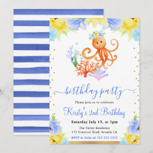 Convites Aquarela Floral de Polvo Subaquático de Aniversári