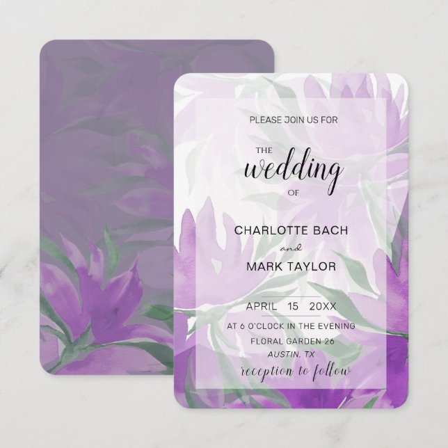 Convites Aquarela Floral Elegante Roxo Lavanda (Frente/Verso)